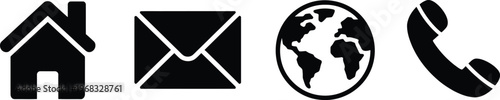 Black icons showing house symbol for home address, envelope for mail email, globe representing internet world, and telephone handset contact