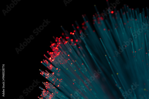 Fiber Optic with Red Glowing Tips, Data Flow and Network Concept