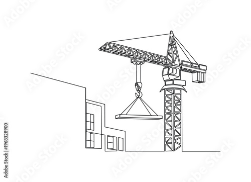 Construction Equipment. Minimalistic one-line drawing crane with hook and suspended beam near building, continuous single black line on white background,