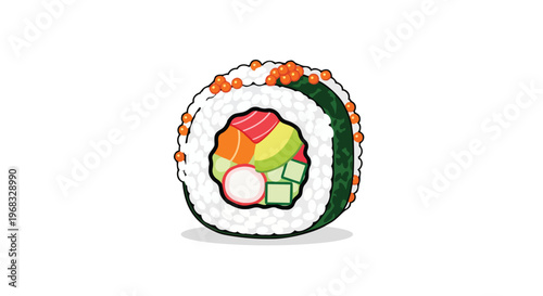 Vibrant illustration of a fresh sushi roll packed with delicious ingredients and bright orange roe on a clean white background