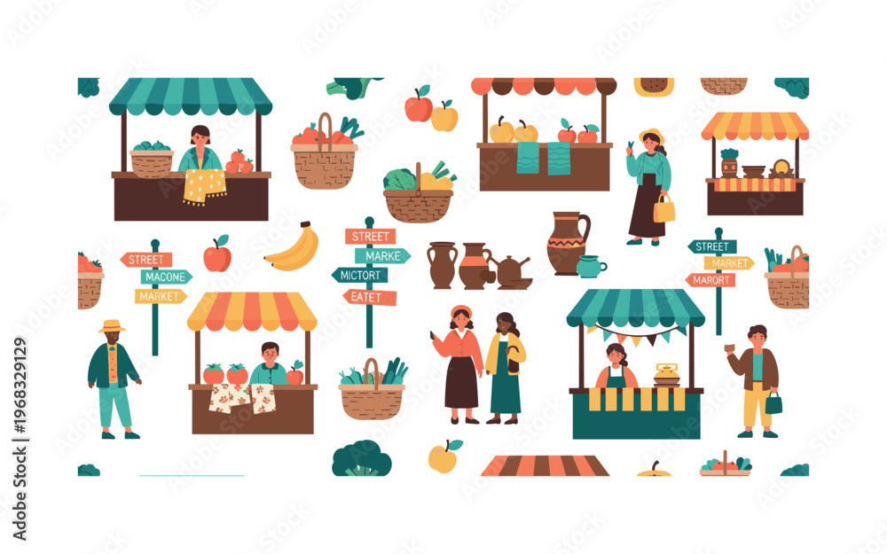 Fototapeta premium street market icons seamless pattern, repeating pattern, surface design, textile print, modern illustration of market stalls, shoppers, baskets, fruits,
