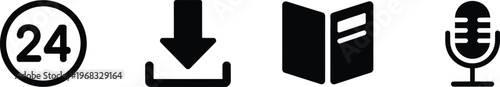 Black icons showing circle with number twenty‑four, downward arrow for download, open book symbolizing reading, and microphone representing audio recording