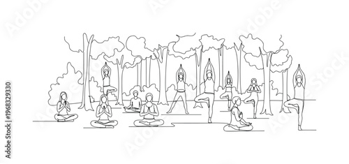 Yoga Nature Retreat. Minimalistic one-line drawing group of people practicing seated and standing poses in woodland area, continuous single black line on white