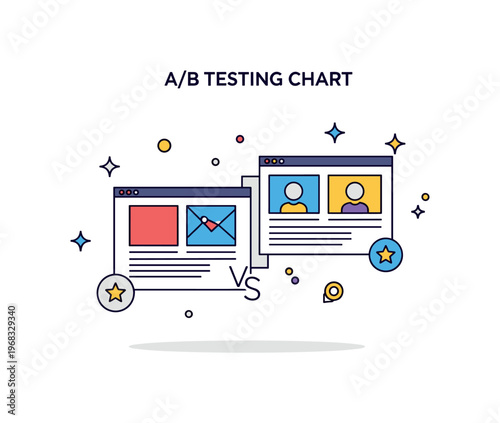 A/B testing chart website optimization scene where two webpage designs are compared side by side while tiny sparkle and star icons highlight