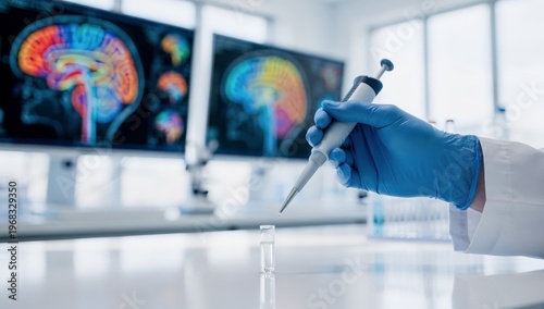 A laboratory setting with a gloved hand carefully holding a pipette over a small vial, with colorful brain scans displayed on screens in the background, illustrating a precise medical research process