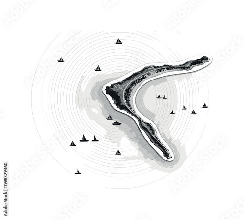 coastal geography circular shapes thin lines and abstract boat icons realistic monochrome small peninsula with boats near shore and water details with white