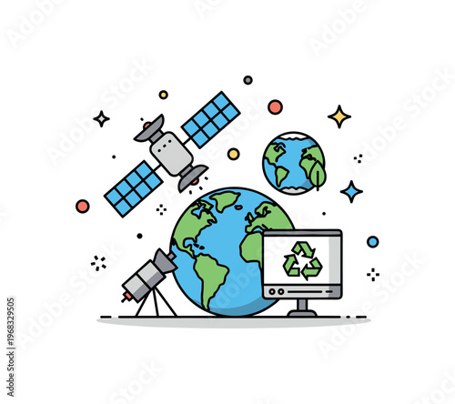 Environmental data satellite observation scene where satellites collect Earth data while small sparkle and star icons emphasize global monitoring,