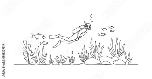 Undersea Exploration. Minimalistic one-line drawing diver moving among underwater plants and creatures, continuous single black line on white background,