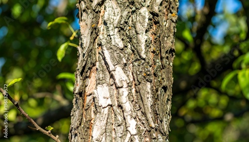 Close-up shot of a tree trunk with rough, textured bark. Green leaves and branches frame the weathered surface. Sunlit