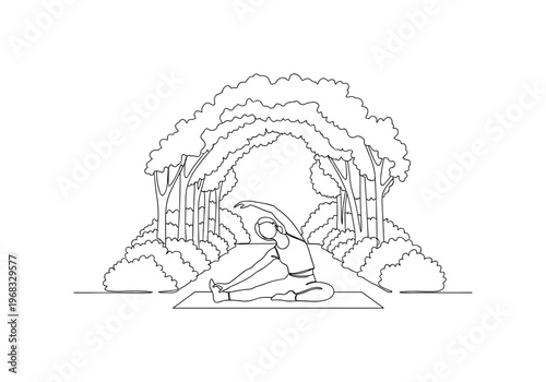 Outdoor Forest Yoga. Minimalistic one-line drawing individual stretching on yoga mat with surrounding trees and bushes, continuous single black line on white