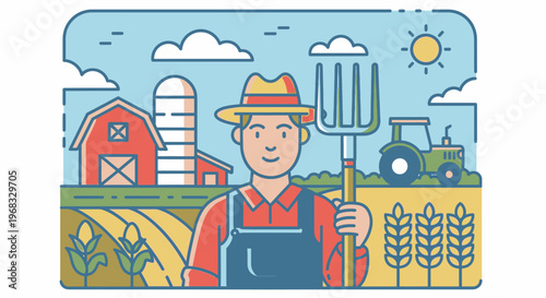Farmer in overalls and hat standing.