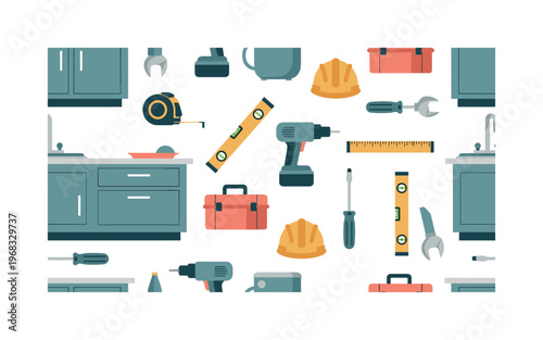 kitchen renovation icons seamless pattern, repeating pattern, surface design, textile print, modern illustration of countertops, cabinets, drills, measuring