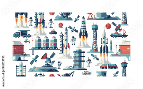 spaceport patterns seamless pattern, repeating pattern, surface design, textile print, modern illustration of rockets, launch pads, astronauts, satellites,