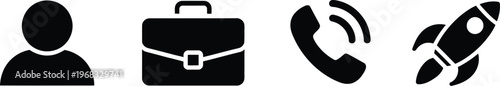 profile, business briefcase symbolizing work, telephone handset with sound waves, and rocket representing innovation launch