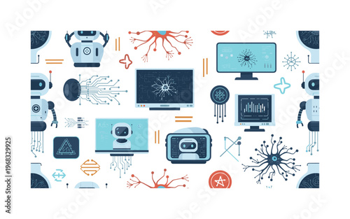 digital aesthetics seamless pattern, repeating pattern, surface design, textile print, modern illustration of AI robots, neural networks, holographic displays,
