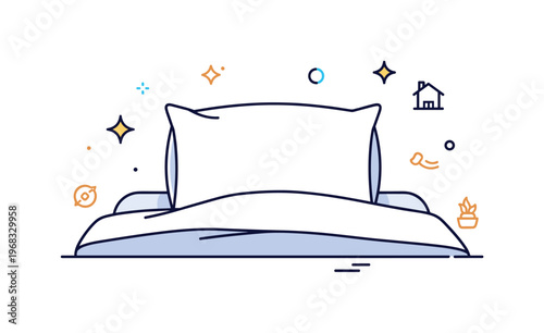 Pillow cozy bedroom scene where a plump pillow rests on a neatly made bed while small sparkle and line icons emphasize comfort, softness, and relaxation. The