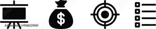 Black icons showing presentation board on stand, money bag with dollar sign, target bullseye for goals, and checklist organization tasks