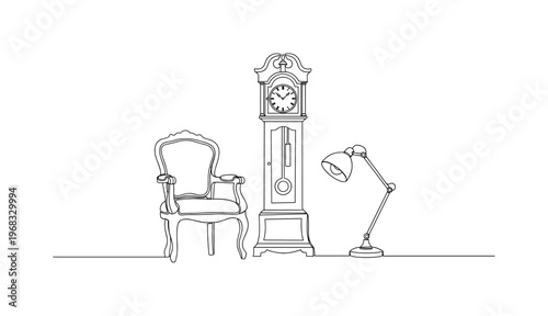 Antique Interior. Minimalistic one-line drawing old chair, clock, and lamp creating nostalgic feel, continuous single black line on white background, simple