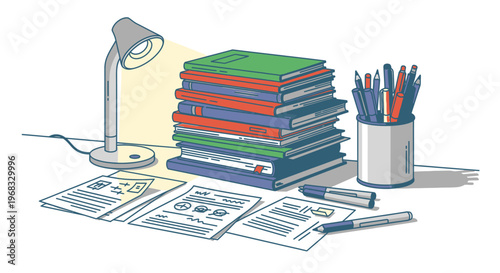 Stack of books on a desk.
