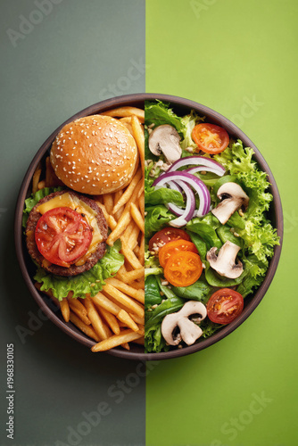 Split composition showing a bowl divided between a burger with fries and a fresh vegetable salad, illustrating contrast between unhealthy and healthy eating choices.