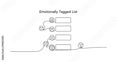 Emotionally Tagged List. Minimalistic one-line drawing to-do list with emoticons indicating feelings per task, continuous single black line on white