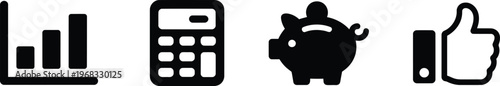  chart with rising bars, calculator with buttons, piggy bank for savings, and thumbs‑up symbolizing approval success