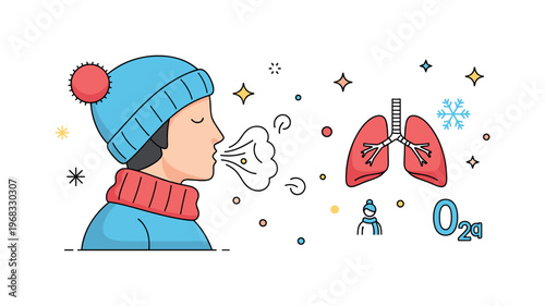 Lungs breathing air winter breathing scene where a person inhales crisp cold air while small sparkle and star icons emphasize freshness, oxygen, and vitality.