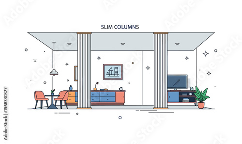 Slim columns modern interior scene where slim columns separate spaces in a contemporary room while small sparkle and line icons emphasize minimalism,
