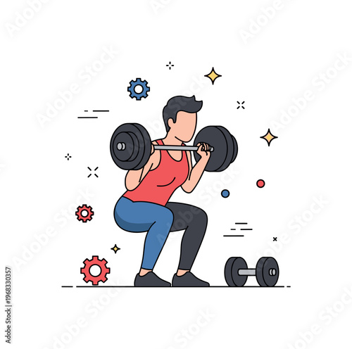 Squat gym workout concept where a person squats with weights while tiny sparkle and gear icons highlight strength building, fitness, and exercise discipline.