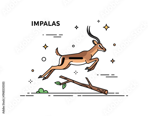 Impalas leaping action scene where a single impala jumps over a fallen branch while tiny sparkle and line icons highlight agility, energy, and