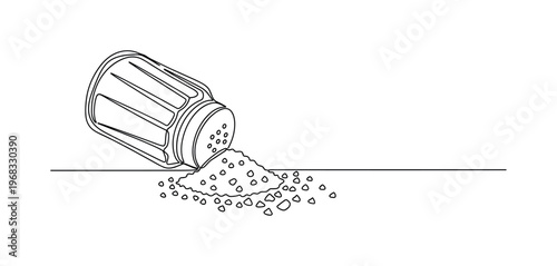 Tabletop Spill. Minimalistic one-line drawing scattered salt next to shaker, continuous single black line on white background, simple outline style, no