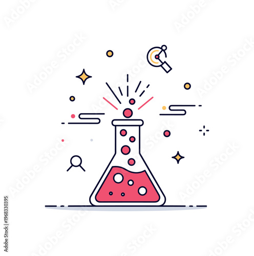 Catalyst chemical spark scene where a reaction in a lab flask emits light and bubbles while small sparkle and line icons emphasize activation, energy, and