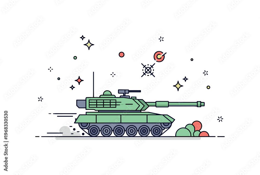 Fototapeta premium Tanks urban training exercise scene where a tank moves through streets or urban terrain while small sparkle and star icons emphasize maneuvering, strategy, and