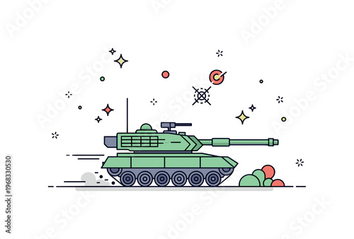 Tanks urban training exercise scene where a tank moves through streets or urban terrain while small sparkle and star icons emphasize maneuvering, strategy, and