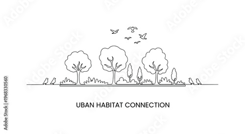 Urban Habitat Connection. Minimalistic one-line drawing park strip with trees and birds connecting urban green spaces, continuous single black line on white