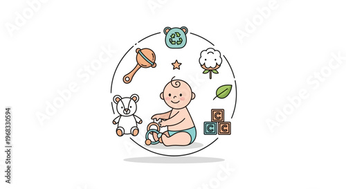 Cute Baby Playing with Toys in a Circle Illustration.