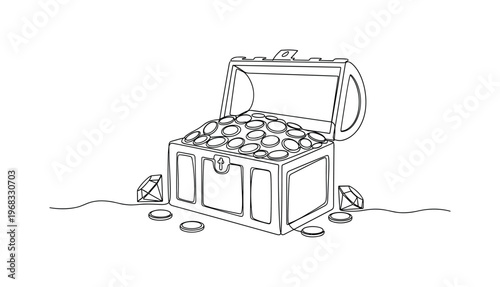 Treasure Pile. Minimalistic one-line drawing chest with coins and gems spilling out around it, continuous single black line on white background, simple outline
