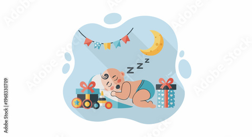 Cute baby sleeping peacefully surrounded by gifts.