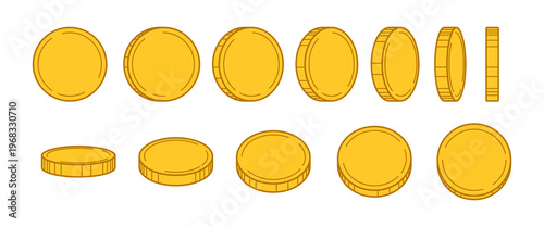 A set of hand-drawn gold coins in various positions symbolizing growth and savings. A financial concept related to investments, increasing profits, and accumulating money.