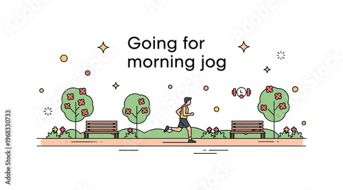 Going for a morning jog park bench rest scene where a jogger pauses near a bench to stretch while tiny sparkle and leaf icons highlight mindfulness, fitness,