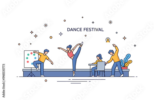 Dance festival stage rehearsal scene where dancers practice moves before the main performance while tiny sparkle and star icons highlight preparation, focus,