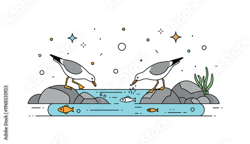 Seagulls tide pool foraging scene where birds hop between rocks looking for small marine life while small sparkle and line icons emphasize natural behavior,