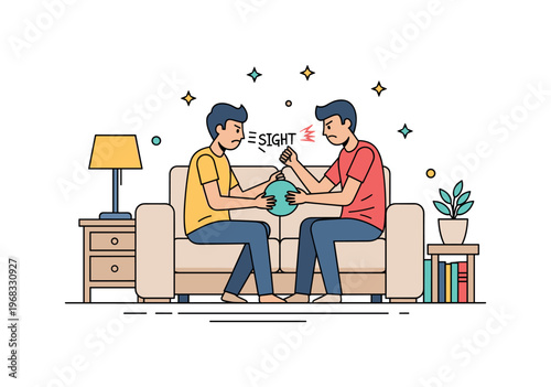 Fight between friends living room disagreement concept where two friends argue over an object while tiny sparkle and star icons highlight emotional tension,