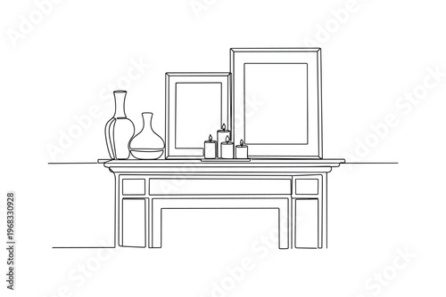 Fireplace Display. Minimalistic one-line drawing mantelpiece with vases, candles, and framed art, continuous single black line on white background, simple