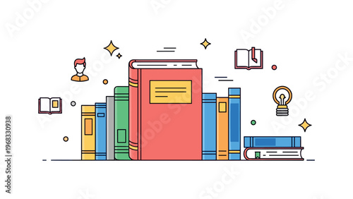 Hardcover book library scene where a thick hardcover book stands upright on a shelf among other books while small sparkle and line icons emphasize knowledge,
