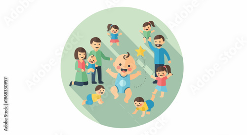 Happy baby surrounded by loving family members and children.