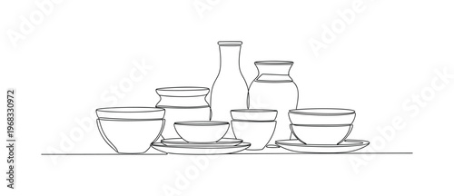 Tabletop Ceramics. Minimalistic one-line drawing decorative bowls and pots on table or surface, continuous single black line on white background, simple