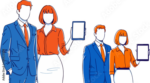 Minimalist business team vector illustration, professional corporate group holding digital tablets, modern blue and orange line art characters