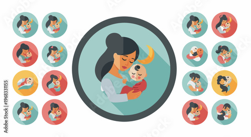 Mother holding baby tenderly in flat design style.