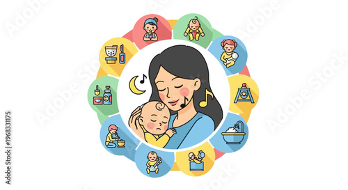Mother holding her baby with icons representing childcare.